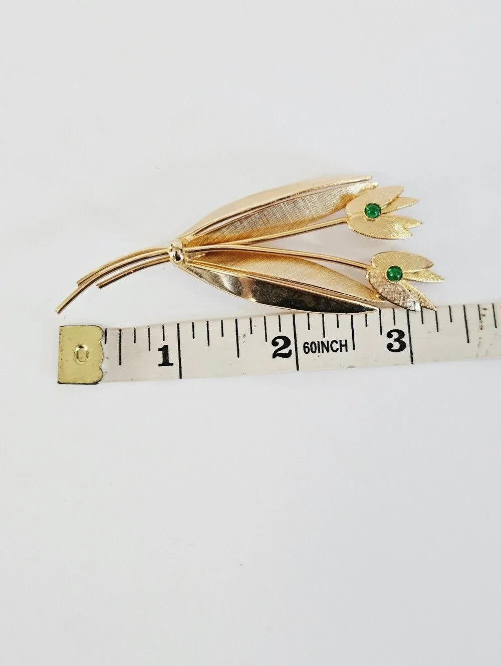 Vintage Signed Brasil Gold Tone Large Floral Sprig Green Stone Accent Brooch Pin